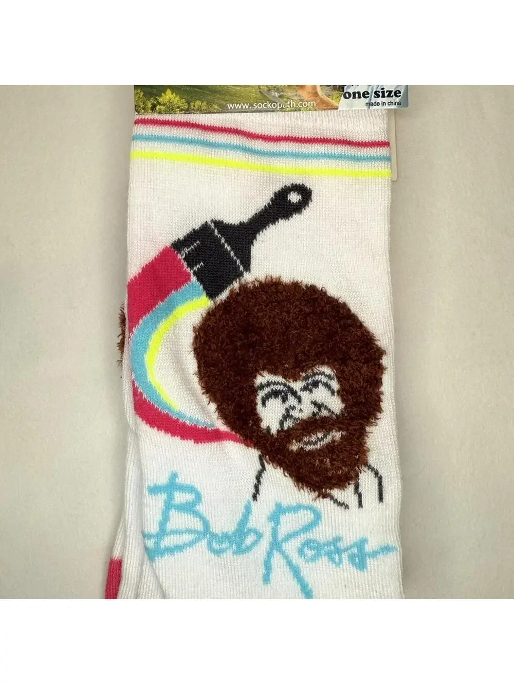 Bob Ross 3D Fuzzy Hair Crew Socks Neon White Stripe Retro Rainbow Paint NWT